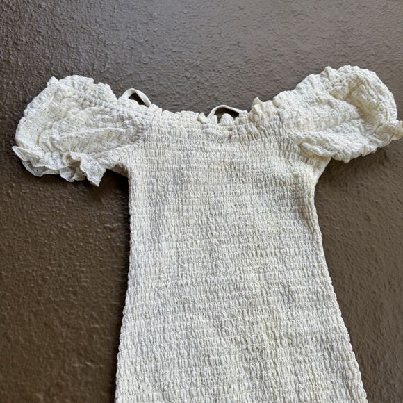 Forever 21 Cute Beige Smocked Ruffled Lace Short Sleeve Dress Size S - Picture 8 of 12